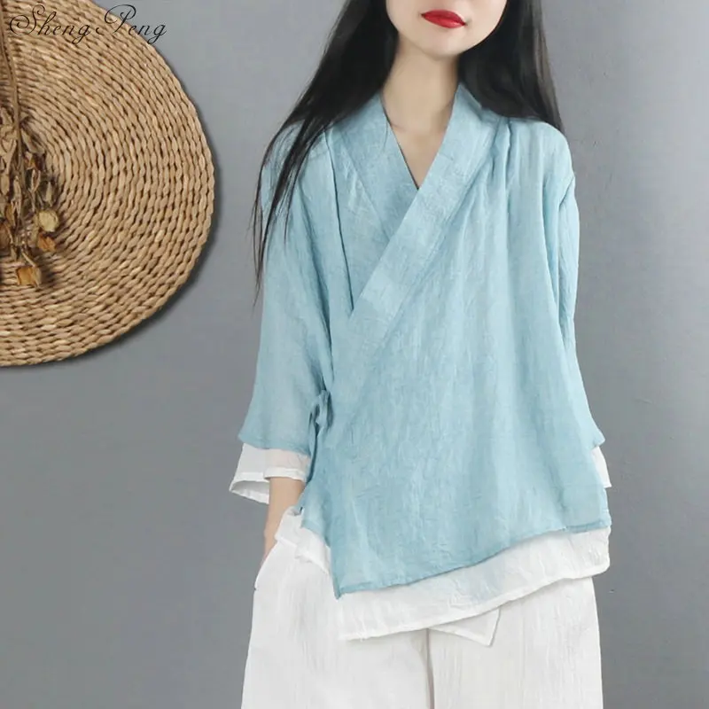 Новая льняная рубашка, Женский Топ, традиционный китайский стиль, топ, блузки, одноцветная льняная рубашка, Восточная одежда V1475