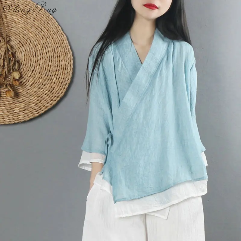 New linen shirt women top traditional Chinese style top blouses solid color linen shirt oriental clothing V1475
