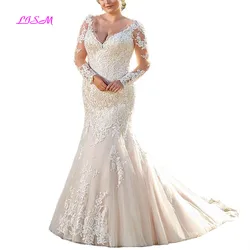 Champán Ligero Vestidos de Novia de Talla Grande Y Elegante 2019 con Cuello en V Manga Larga Escarpada Encaje Sirena Boda Vestidos de Novia Ilusión Espalda Champán Ligero Vestidos de Novia de Talla Grande Y Elegante 2019 con Cuello en V Manga Larga Escarpada Encaje Sirena Boda Vestidos de Novia Ilusión Espalda