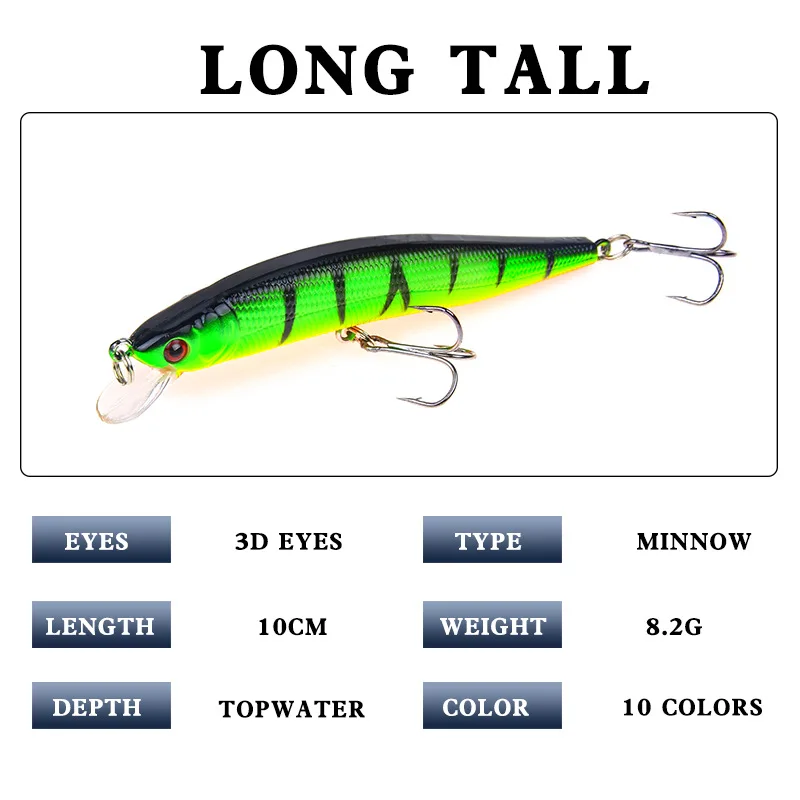 Description Picture 4 of item10pcs 10cm 8g Minnow Hard Bait Fishing Lures Wobbler Artificial Baits Swimbait Plastic Crankbait 3D Eyes Lure Fishing Tackle