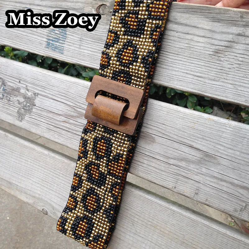 

OTS017(1), Handmade Hemp Woven Hippy Bohemian Glass Seed Beaded Leopard Print Elastic Belt Waistband Waist Chain For Women