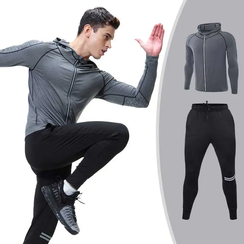 

2 Pieces Men Workout Exercise Sport Running GYM Fitness Sets Coat Sweatshirt Cap Hoodie Top + Sweatpants Clothing A103