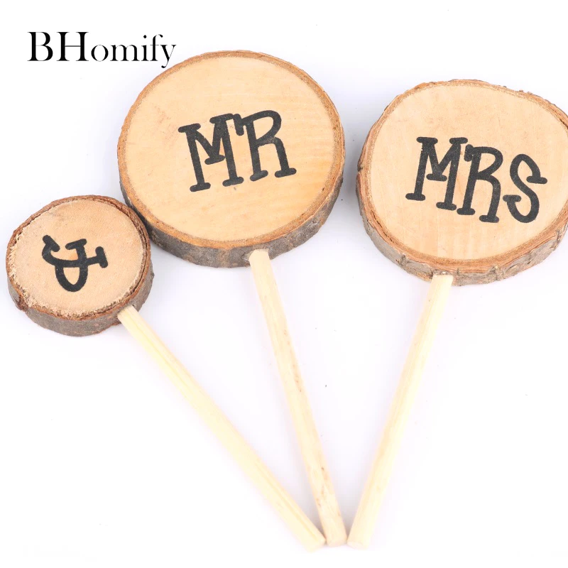 

Romantic Mr & Mrs Wedding Cake Inserted Toppers Exquisite Rustic Wedding Wood Decorations Cake Toppers Supplies For Event Party