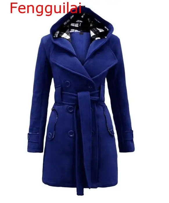 Fengguilai, Женская куртка, Осень-зима, элегантная, винтажная, для офиса, для женщин, пальто, тонкий, простой пояс, серое, Женское пальто с капюшоном - Цвет: Blue