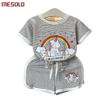 

MESOLO 2019 Girls Cartoon Horse Unicorn Kids Striped Short Sleeve T-Shirt + Shorts 2 Pieces Suit 4 Colors 3-7 Years Kid Set