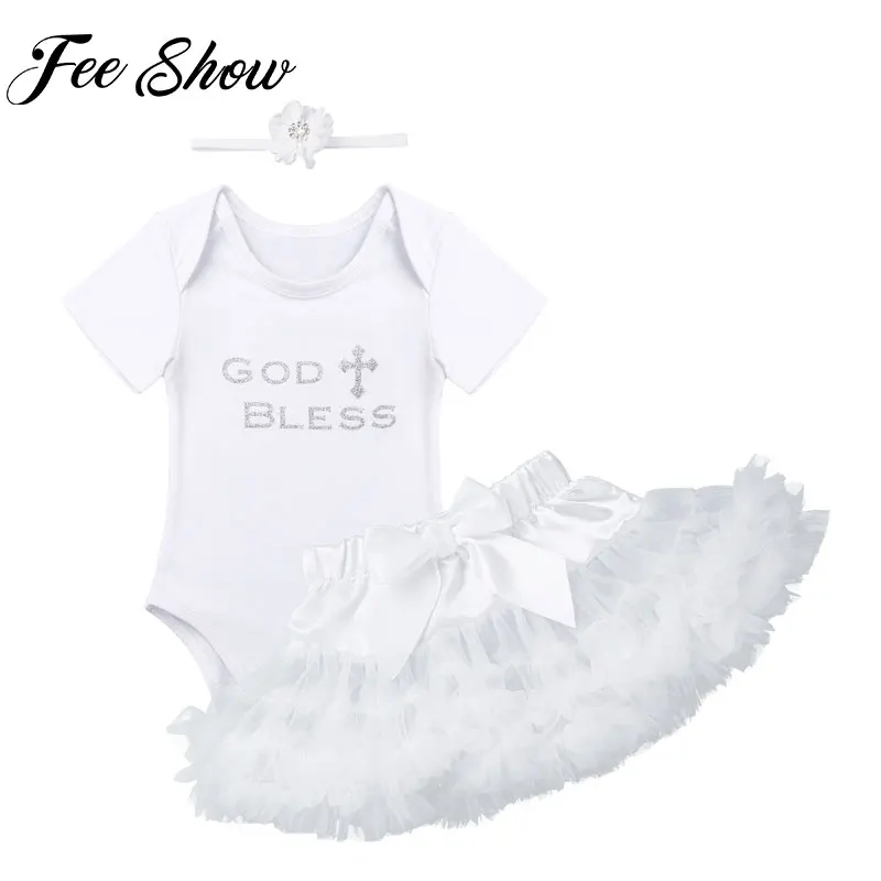 

Newborn Baby Girls Baptism Romper Outfit Short Sleeves Glittery Letters Printed Romper with Tutu Skirt Headband Set