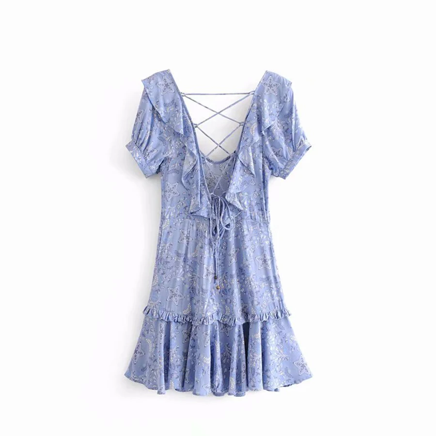TEELYNN Blue Boho dress rayon Floral print Sexy back hollow dresses Hippie short summer Dresses chic mini beach women Dress 2018