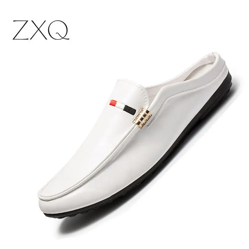

New Men Spring PU Soft Leather Male Footwear Slippers Summer Half Drag Loafers Beach Shoes Male Slides Flats Soft Lazy Shoes