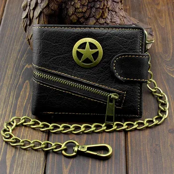 

Vintage Genuine Leather Wallet Star Snap Card Horlder Purse With Biker chain