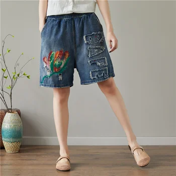 

Europe 2020 Summer Women Fashion Loose Elastic Waist Painted Wide Leg Denim Half Pants Ladies Oversize Vintage Hole Jeans Pants