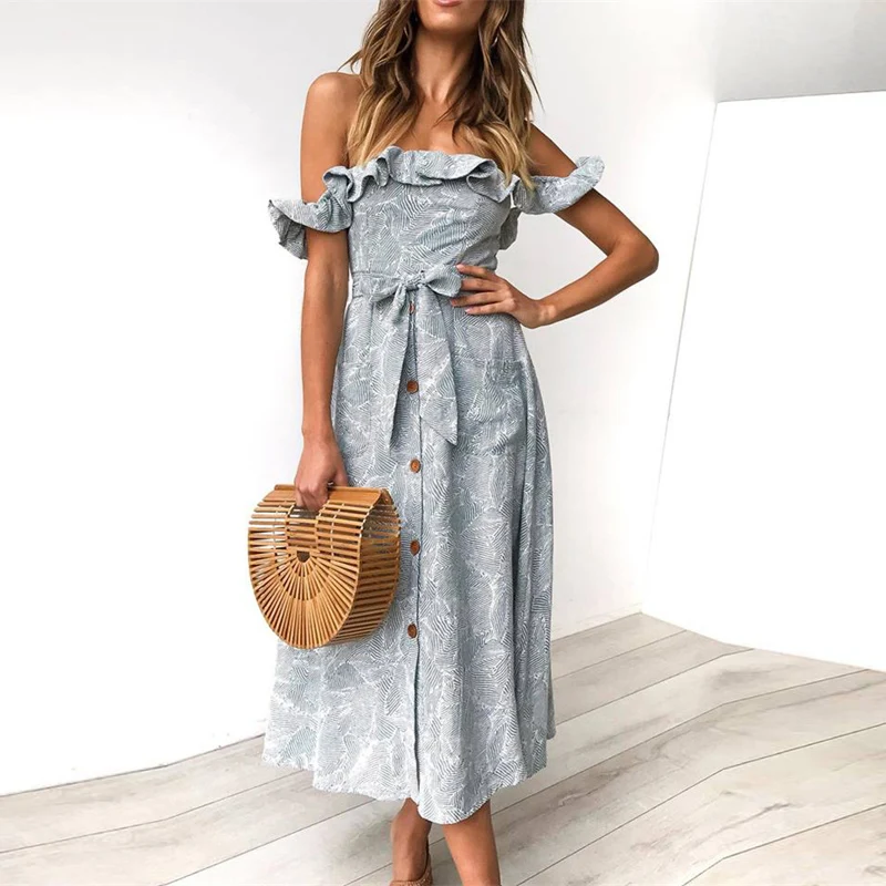 

New Off Shoulder Bow Lace Up Summer Dress Sleeveless Backless Pockets Buttons Floral Print Knee Length A Line Women Casual Dress