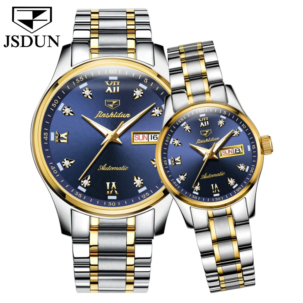 JSDUN синий циферблат автоматический самоходный ход мужчины t высокого качества Роскошные пары часы светящиеся водонепроницаемые механические часы для мужчин и женщин