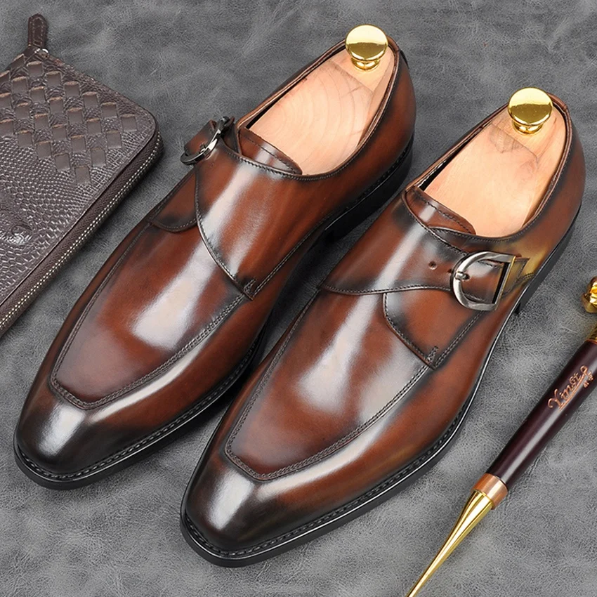 

High Quality Formal Dress Men's Handmade Monk Strap Shoes Genuine Leather Square Toe Goodyear Wedding Party Footwear AM203