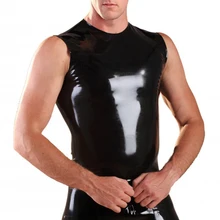 Без рукавов Футболка из латекса черный латексный резиновый без рукавов Топ носить с круглым вырезом