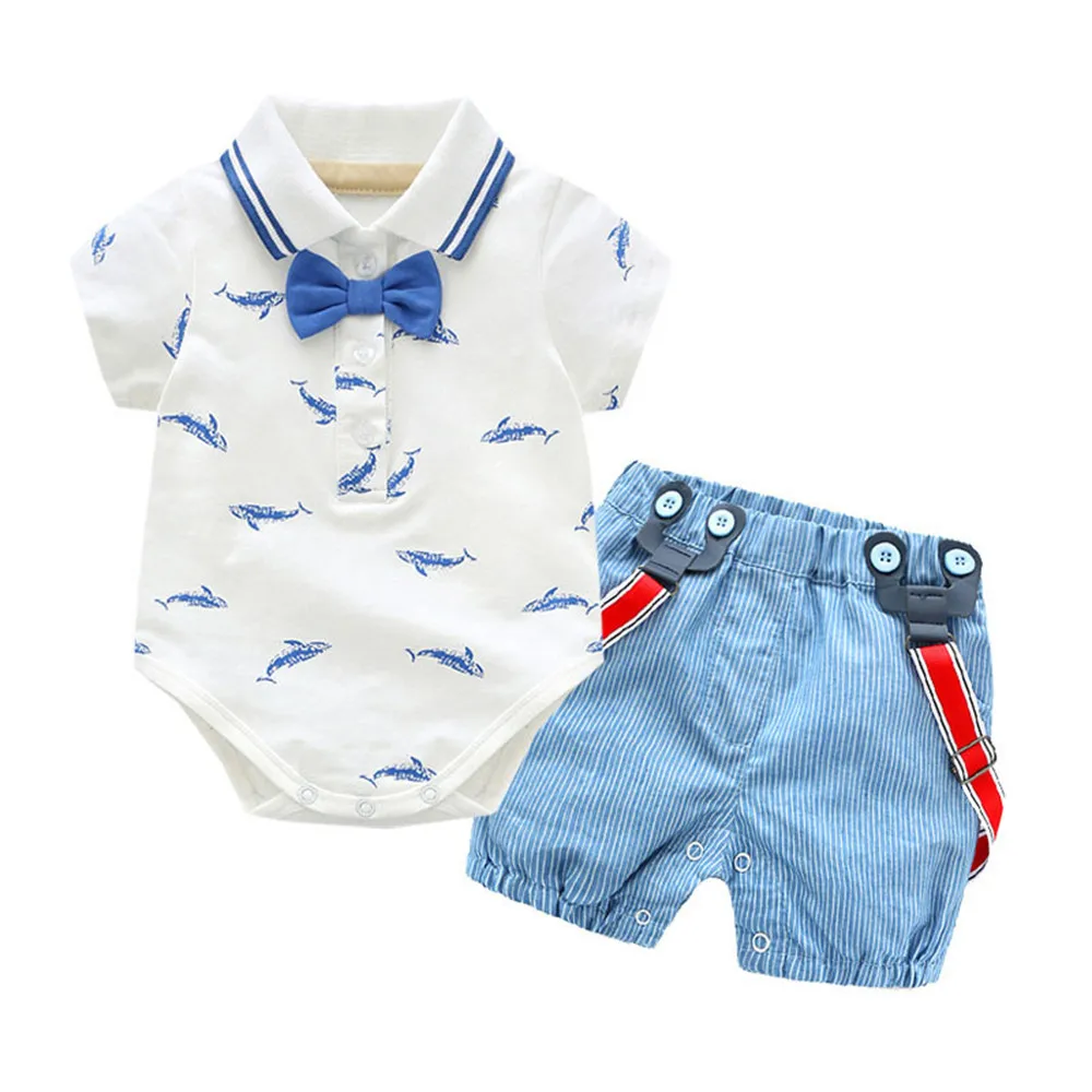 Clothing Set For baby boys girls Summer Gentleman Bowtie Denim Short Sleeve White Shirt+Overall Blue Shorts Sets