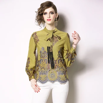

2019 Summer New High Quality Positioning Fringed Lace Shirt Fashion Slim Printing Lady Temperament High Street Retro Party Shirt
