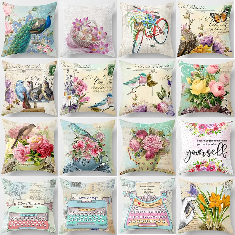

New birds bikes flowers peacock typewrite pattern pillow cases square double sides pattern pillow covers size 45*45cm