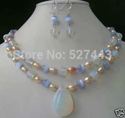 

Wholesale Beautiful white opal and pearl necklace earring set (A0423)