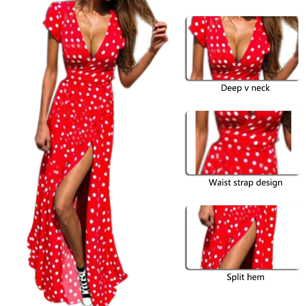 WENYUJH, летнее женское платье, бохо, праздничное, в горошек, макси, с v-образным вырезом, длинное платье-рубашка, сексуальное, с коротким рукавом, красное, модное, длинное платье