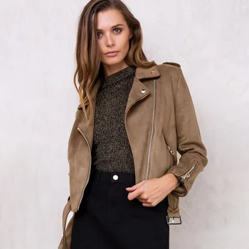 

New Women Zipper Basic Suede Jacket Casual Long Sleeve Motorcycle Coat Leather Jacket Ladies Outwear Belted Short Winter Jackets