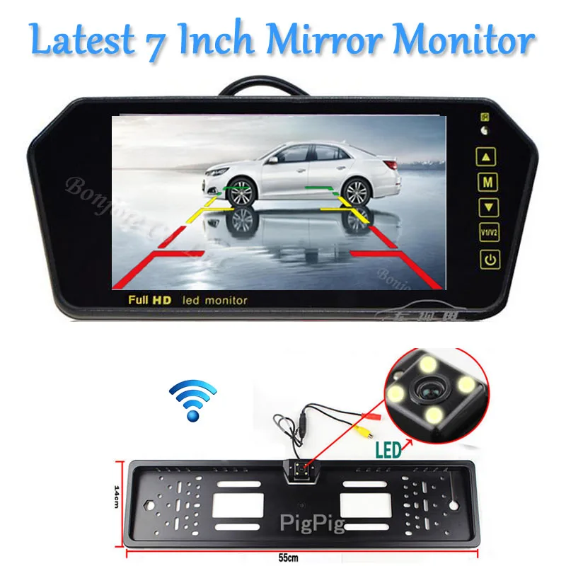 

Wireless 7inch LCD TFT Vehicle Mirror Monitor DVD/VCD/GPS/TV Touch button car Europe License Plate Frame Rearview Parking Camera