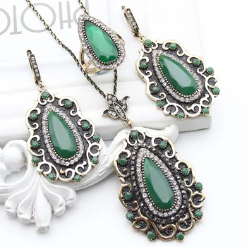 

Ethnic Turkish Flower Jewelry Sets For Women Crystal Chandelier Earring Resin Rings Water Drop Necklace Nigeria Bridal Jewelry