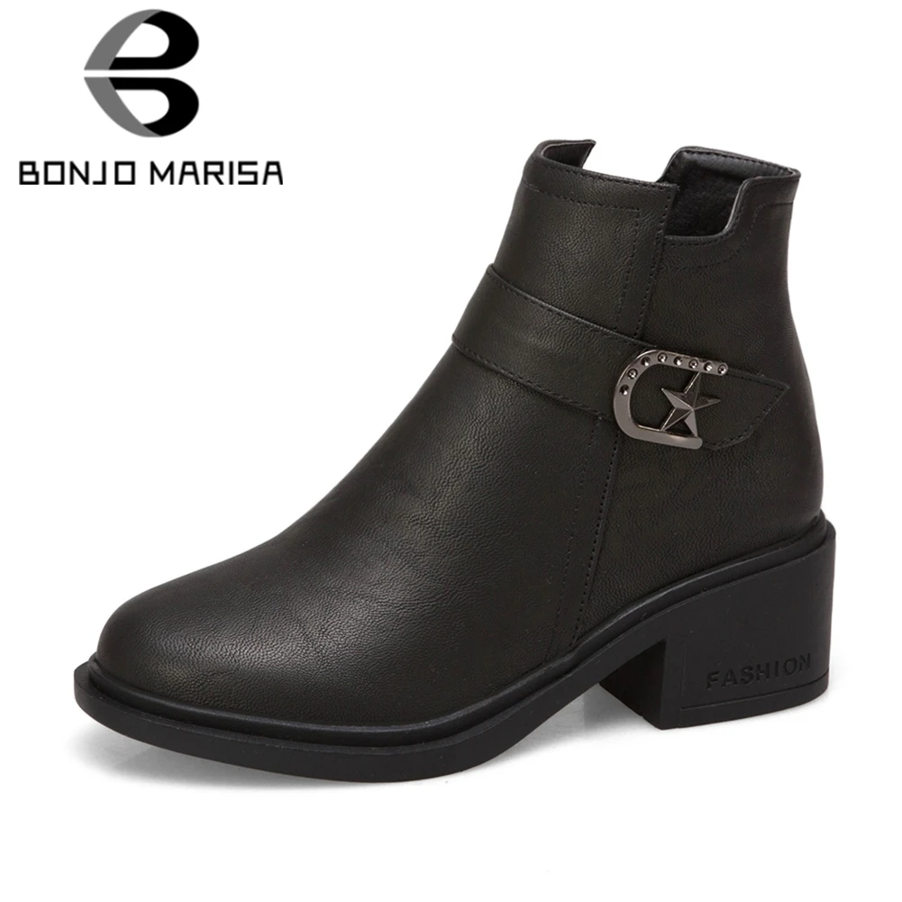 

BONJOMARISA Large Size 34-43 Elegant Mature Solid Plaform Ankle Boots Women Autumn Winter Decorating Fur Med Heels Shoes Woman