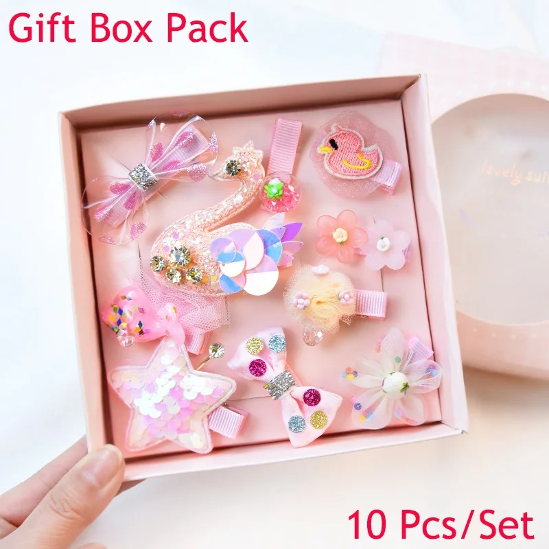 Swan-Shiny Gift Box 10 шт./Подарочная коробка блестящие детские заколки для волос Haarband аксессуары девушка шпилька принцесса тиара с бантиком головные уборы детские заколки - Цвет: Swan-Shiny Gift Box