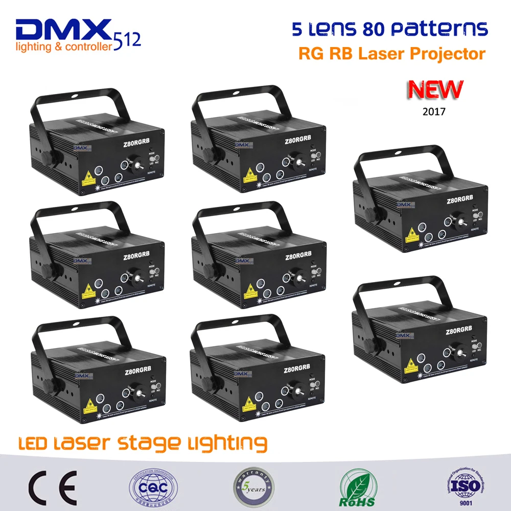 DHL Free shipping 8pcs lot 3Colors Remote 5 Lens 80 Pattern RGRB Laser BLUE LED Stage