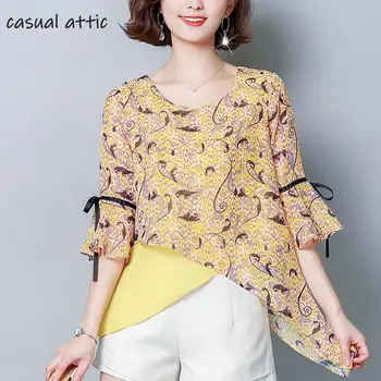 

Irregular Chiffon Shirt Flare Sleeve Print stitching Casual Style Tops 2019 Summer Plus Size Fashion Women's Tops And Blouses