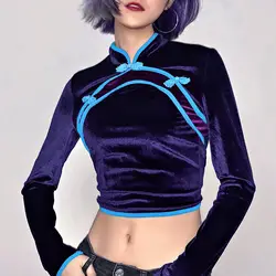 Новый для женщин's костюмы Винтаж Стиль Китайской Республики в стиле пэчворк, воротник-стойка укороченный топ с длинными рукавами футболка