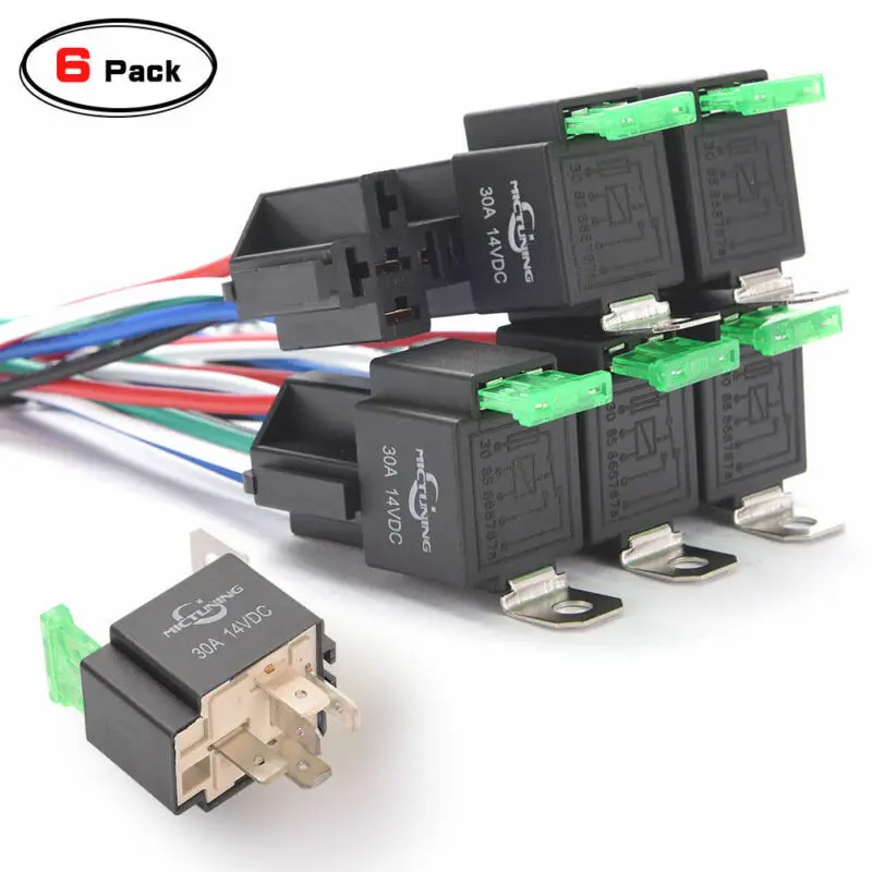 6pcs Car Relay Switch Harness Set 12V 5PIN SPDT 30AMP Fuse Holder 14AWG Hot Wire