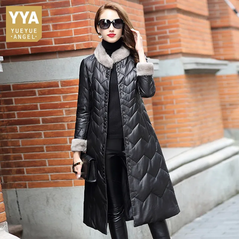 Aliexpress.com : Buy Luxury 100% Real Leather Long Overcoat Women Top ...