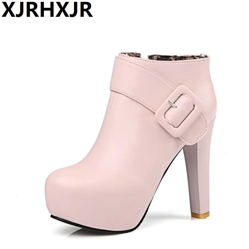 

XJRHXJR Hot Sale Russian Shoes Black Platform Martin Boots Women Zipper Spring High Heels Shoes Buckle Ankle Boots Size 32-43
