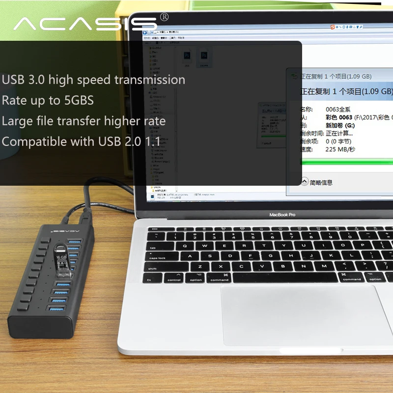 Acasis usb-хаб 3,0 10 портов супер скорость 5 Гбит/с Портативный USB 3,0 концентратор разветвитель с внешним адаптером питания ПК для аксессуаров