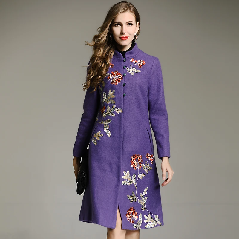 Высококачественный зимний тренч для женщин, винтажное элегантное цветочное шерстяное свободное женское синее рождественское пальто, женское M-XXXL