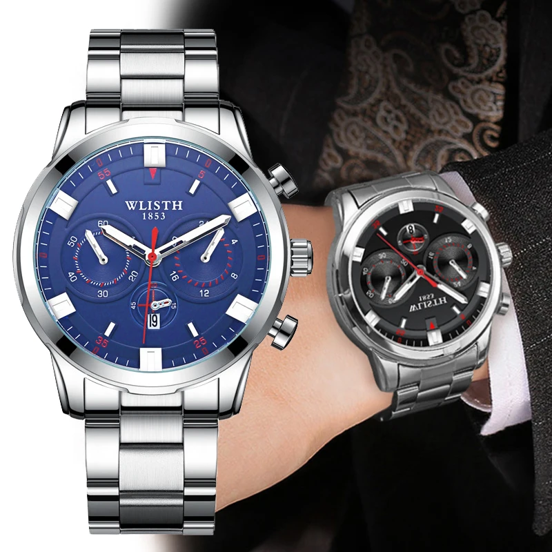 

Fashion Men's Watch Decoration Three-eyes dial Male Quartz Watches Stainless Steel Waterproof Business Men Watch Wholesale Clock