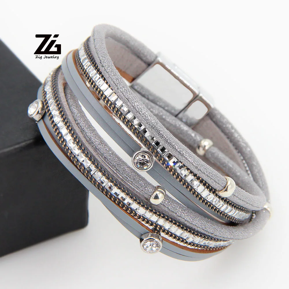 

ZG 38cm Long Crystal Bracelet for Women in 3 Colors with High Quality Magnetic Design Leather Jewlery
