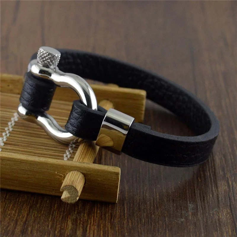 Mens Bracelets Stainless Steel Screw Anchor Shackles Black Leather