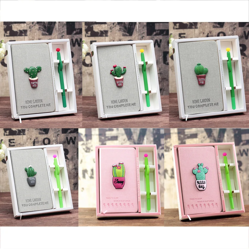 

Lovely Cartoon Cactus Writing Journal Notebook Gel Pens Set Sketchbook Gifts for Girls and Student