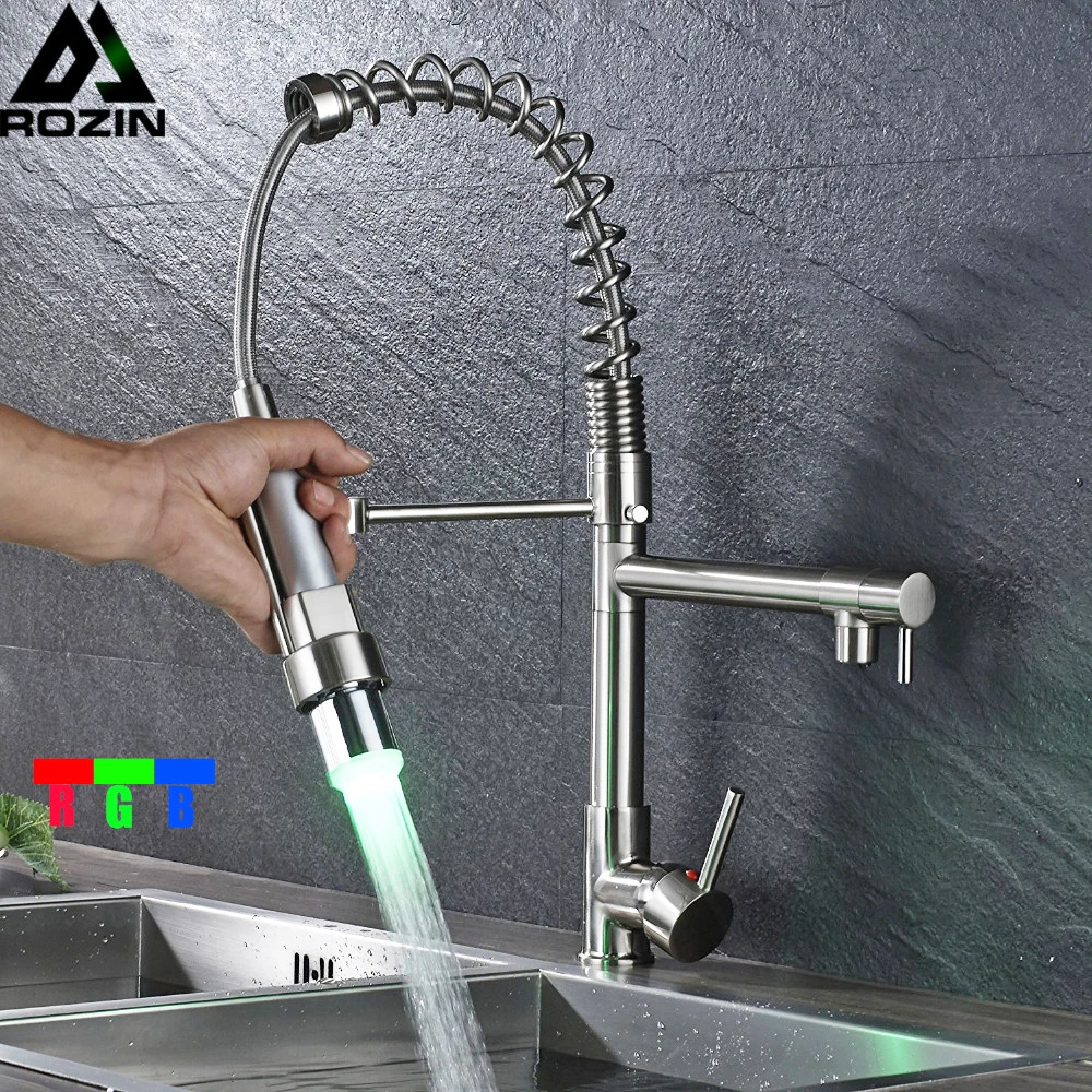 

LED Light Pull Down Kitchen Sink Faucet Single Handle Dual Spout Spring Kitchen Mixer Taps Brushed Nickel Swivel Spout