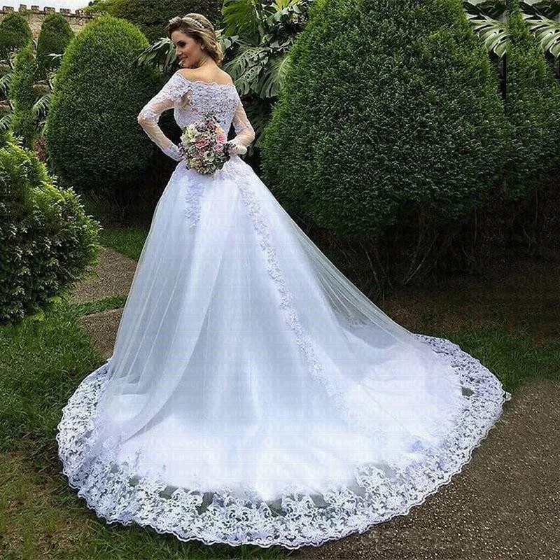 US $68.60 Vestido De Noiva Princess Wedding Dresses 2020 Garden Off Shoulder Sheer Long Sleeve Beaded Arabic Robe De Mariage Bridal Gown