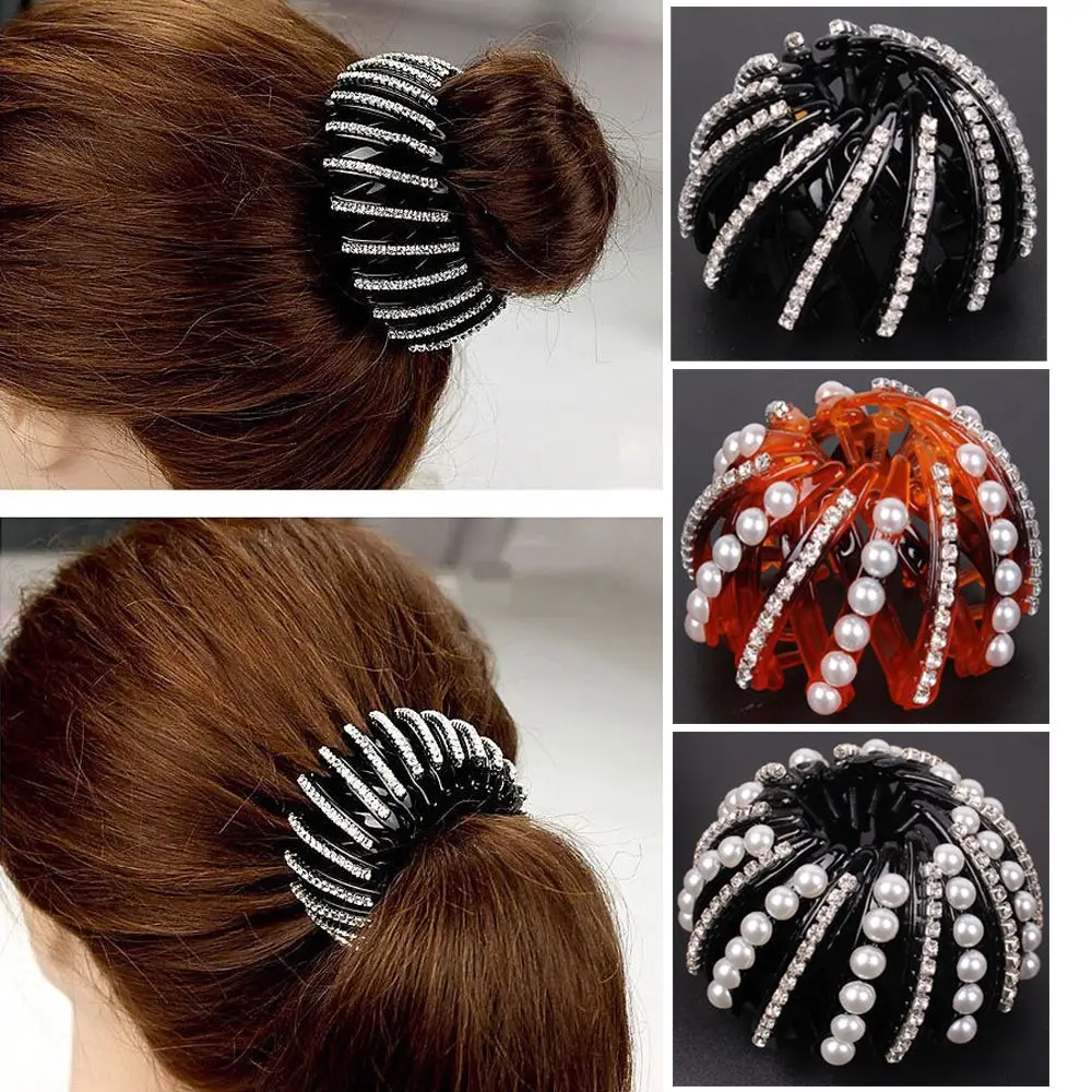 Women Girls Pearl Rhinestone Hair Claws Clips Maker Bun Hairgrip