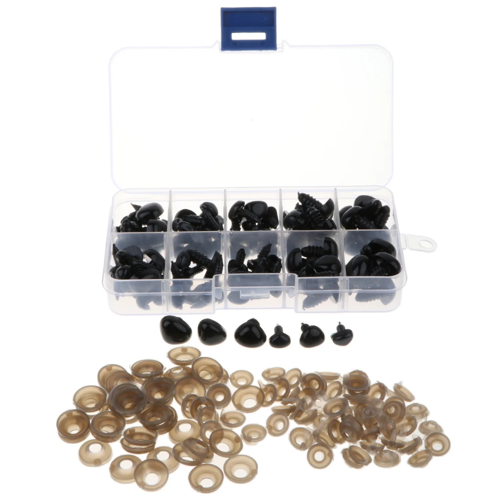 Box of 100 Pieces 7-13mm Plastic Safety Eyes Noses with Washers for Puppet Bear Doll Animal Stuffed Toys DIY Sewing Craft Black