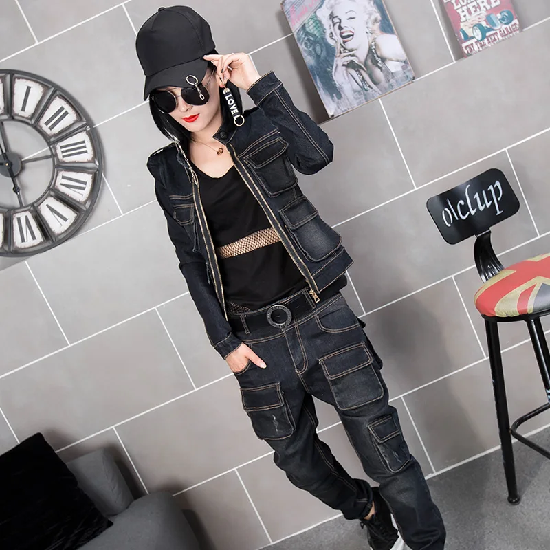 

Women Denim two-piece 2019 spring Autumn New Slim casual sets nine pants long-sleeved Jeans suit Basic coat conjunto feminino