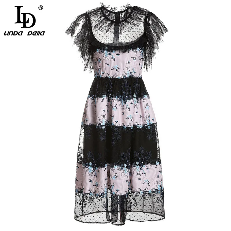 

LD LINDA DELLA Fashion Runway Designer Vintage Dress Women's Mesh Lace Patchwork Flower Embroidery Dress Elegant Party Dresses