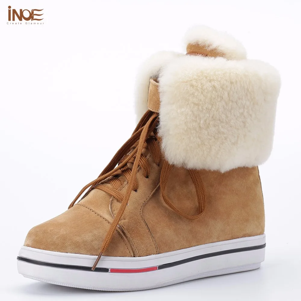 INOE 2016 Fashion style lace up short ankle snow boots for women winter shoes natural sheep fur genuine pigskin leather boots