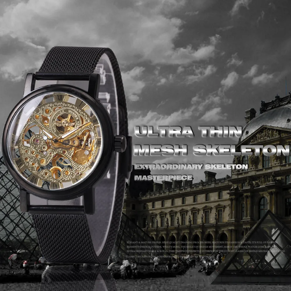 WINNER Классические Золотые механические мужские часы лучший бренд класса люкс Нержавеющая сталь ремешок Скелет циферблат мода Бизнес наручные часы