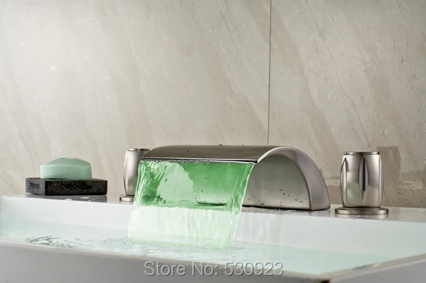 

New US Free Shipping Tub Faucet Fashion Style Nickle Brushed Shower Faucet Set Color Changing LED Mixer Tap Deck mounted