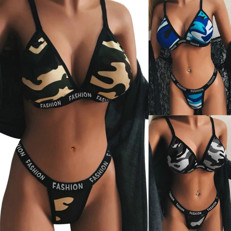 

Hot Sale Summer Women Sexy Camouflage Bikini Set Swimwear Swimsuit Lace Up Top Push Up Bra+Panties Sets Beachwear 2019 New